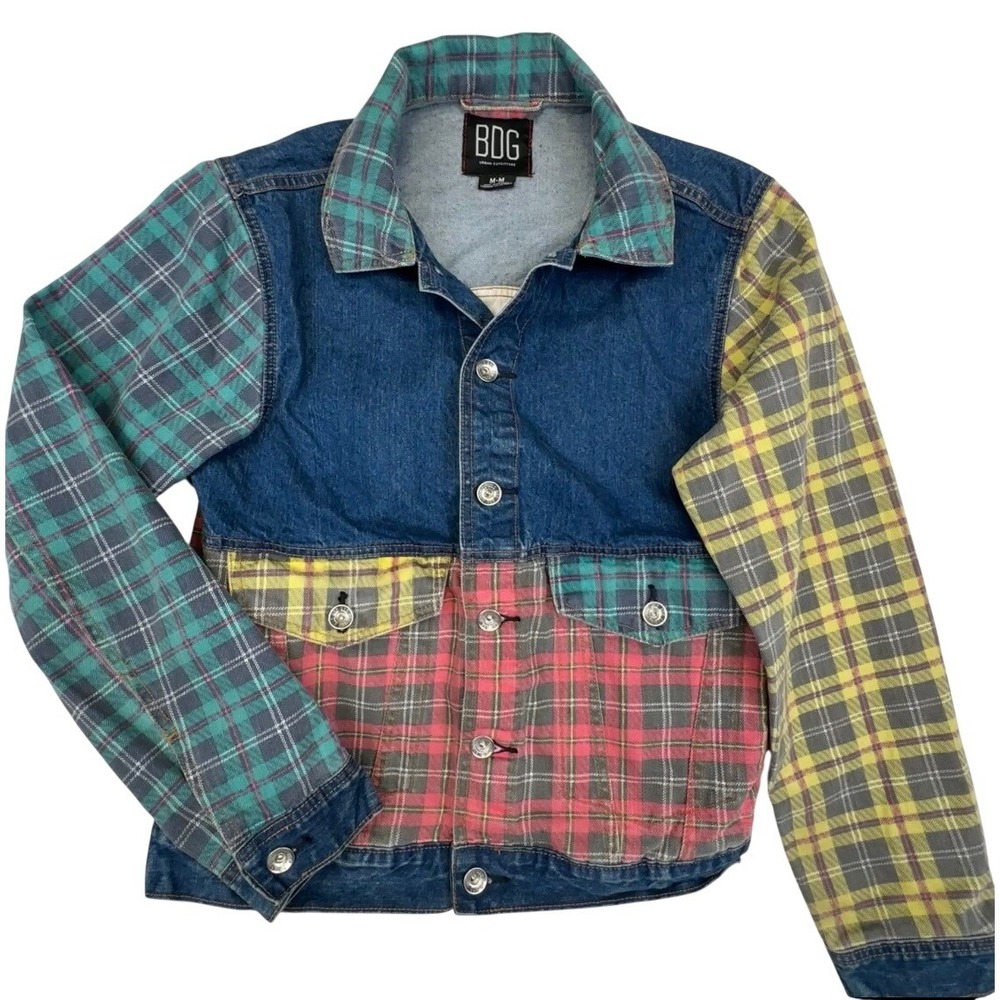 BDG Patchwork Denim Plaid Trucker Jacket Blue Men's M‎